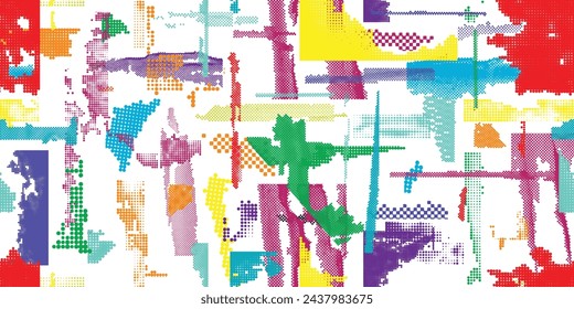 Glitch distorted grungy abstract forms . Halftone dots seamless pattern texture. Grange shapes .Grunge textured . Vector shapes with half tone dots .Screen print endless pattern texture