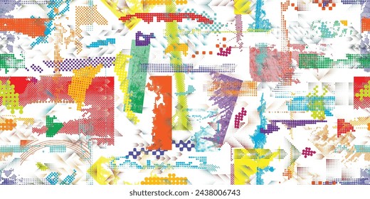 Glitch distorted grungy abstract forms . Halftone dots seamless pattern texture. Grange shapes .Grunge textured . Vector shapes with half tone dots .Screen print endless pattern texture