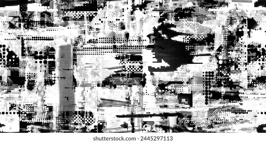 Glitch distorsionado grungy formas abstractas . Textura de patrón sin fisuras de puntos de semitonos. Grange Formas .Grunge texturizado . Formas de Vector con puntos de medio tono. Impresión de pantalla con textura de patrón sin fin