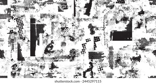 Glitch distorsionado grungy formas abstractas . Textura de patrón sin fisuras de puntos de semitonos. Grange Formas .Grunge texturizado . Formas de Vector con puntos de medio tono. Impresión de pantalla con textura de patrón sin fin
