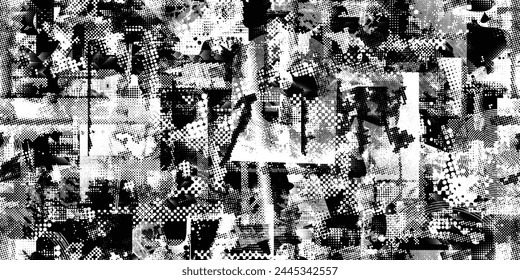 Glitch distorted grungy abstract forms . Halftone dots seamless pattern texture. Grange shapes .Grunge textured . Vector shapes with half tone dots .Screen print endless pattern texture