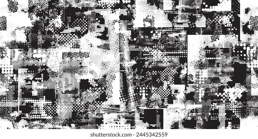 Glitch distorted grungy abstract forms . Halftone dots seamless pattern texture. Grange shapes .Grunge textured . Vector shapes with half tone dots .Screen print endless pattern texture