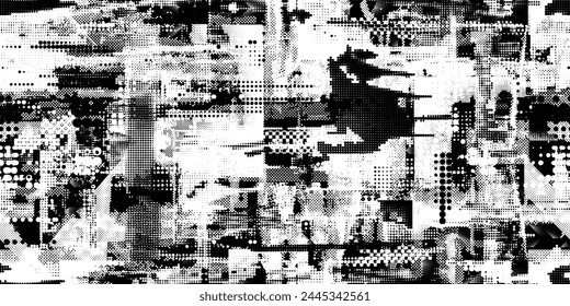 Glitch distorted grungy abstract forms . Halftone dots seamless pattern texture. Grange shapes .Grunge textured . Vector shapes with half tone dots .Screen print endless pattern texture