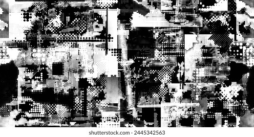 Glitch distorted grungy abstract forms . Halftone dots seamless pattern texture. Grange shapes .Grunge textured . Vector shapes with half tone dots .Screen print endless pattern texture
