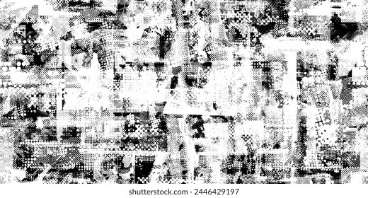 Glitch distorted grungy abstract forms . Halftone dots seamless pattern texture. Grange shapes .Grunge textured . Vector shapes with half tone dots .Screen print endless pattern texture