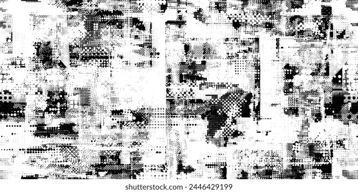 Glitch distorsionado grungy formas abstractas . Textura de patrón sin fisuras de puntos de semitonos. Grange Formas .Grunge texturizado . Formas de Vector con puntos de medio tono. Impresión de pantalla con textura de patrón sin fin