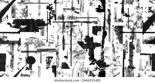 Glitch distorted grungy abstract forms . Halftone dots seamless pattern texture. Grange shapes .Grunge textured . Vector shapes with half tone dots .Screen print endless pattern texture