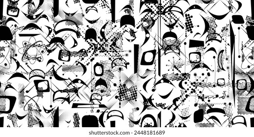Glitch distorted grungy abstract forms . Halftone dots seamless pattern texture. Grange shapes .Grunge textured . Vector shapes with half tone dots .Screen print endless pattern texture