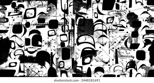 Glitch distorted grungy abstract forms . Halftone dots seamless pattern texture. Grange shapes .Grunge textured . Vector shapes with half tone dots .Screen print endless pattern texture