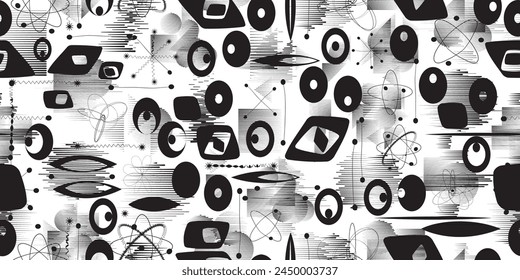 Glitch distorted grungy abstract forms . Halftone dots seamless pattern texture. Grange shapes .Grunge textured . Vector shapes with speed lines.Screen print endless pattern texture