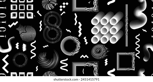 Glitch distorted grungy abstract forms . Cyber punk seamless pattern texture. Halftone dots .Futuristic background . Glitched shapes with dots and lines .Screen print endless pattern texture