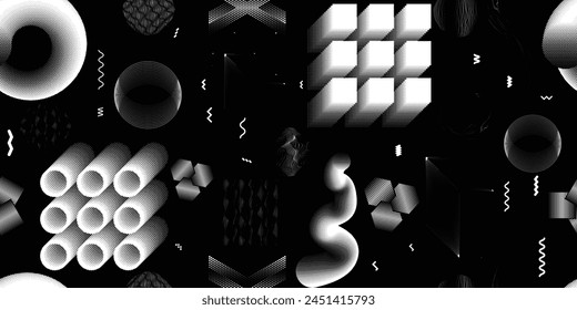Glitch distorted grungy abstract forms . Cyber punk seamless pattern texture. Halftone dots .Futuristic background . Glitched shapes with dots and lines .Screen print endless pattern texture