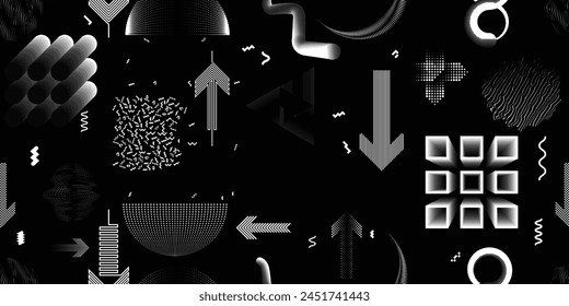 Glitch distorted grungy abstract forms . Cyber punk seamless pattern texture. Halftone dots .Futuristic background . Glitched shapes with dots and lines .Screen print endless pattern texture