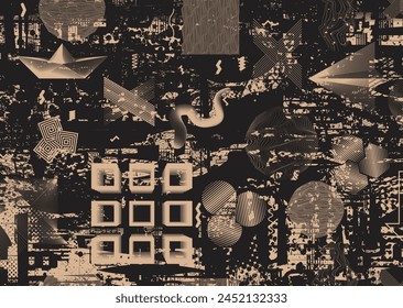 Glitch distorsionado grungy formas abstractas . Textura cyber punk. Puntos de semitono .Fondo futurista . Formas brillantes con puntos y líneas. Textura de patrón de impresión de pantalla