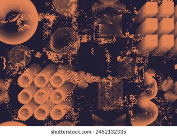 Glitch distorted grungy abstract forms . Cyber punk texture. Halftone dots .Futuristic background . Glitched shapes with dots and lines .Screen print  pattern texture