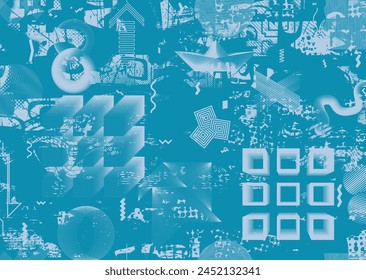 Glitch distorsionado grungy formas abstractas . Textura cyber punk. Puntos de semitono .Fondo futurista . Formas brillantes con puntos y líneas. Textura de patrón de impresión de pantalla