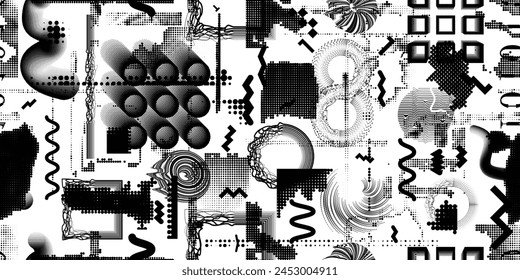 Glitch distorted grungy abstract forms . Cyber punk seamless pattern texture. Halftone dots .Futuristic background . Glitched shapes with dots and lines .Screen print endless pattern texture