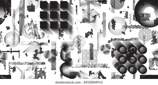 Glitch distorted grungy abstract forms . Cyber punk seamless pattern texture. Halftone dots .Futuristic background . Glitched shapes with dots and lines .Screen print endless pattern texture