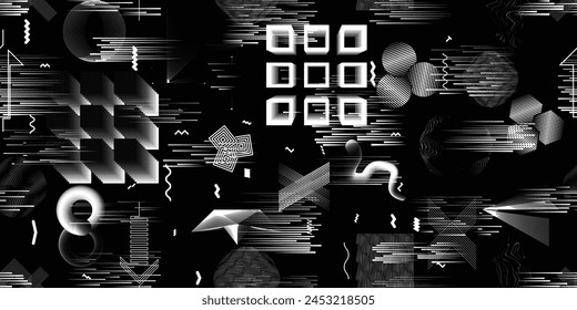 Glitch distorted grungy abstract forms . Cyber punk seamless pattern texture. Halftone dots .Futuristic background . Glitched shapes with dots and lines .Screen print endless pattern texture