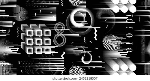 Glitch distorted grungy abstract forms . Cyber punk seamless pattern texture. Halftone dots .Futuristic background . Glitched shapes with dots and lines .Screen print endless pattern texture