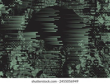 Glitch distorted grungy abstract forms . Cyber punk texture. Halftone dots .Futuristic background . Glitched shapes with dots and lines .Screen print  pattern texture
