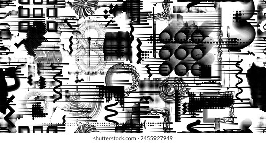 Glitch distorted grungy abstract forms . Cyber punk seamless pattern texture. Halftone dots .Futuristic background . Glitched shapes with dots and lines .Screen print endless pattern texture