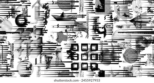 Glitch distorted grungy abstract forms . Cyber punk seamless pattern texture. Halftone dots .Futuristic background . Glitched shapes with dots and lines .Screen print endless pattern texture