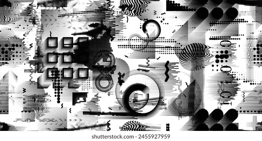 Glitch distorted grungy abstract forms . Cyber punk seamless pattern texture. Halftone dots .Futuristic background . Glitched shapes with dots and lines .Screen print endless pattern texture