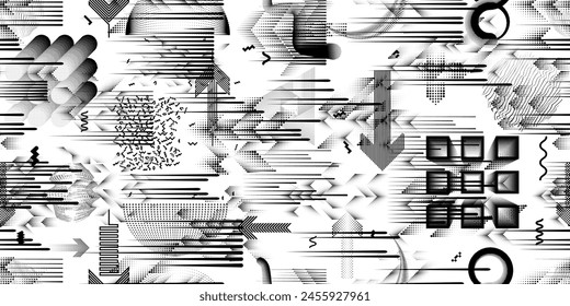 Glitch distorted grungy abstract forms . Cyber punk seamless pattern texture. Halftone dots .Futuristic background . Glitched shapes with dots and lines .Screen print endless pattern texture