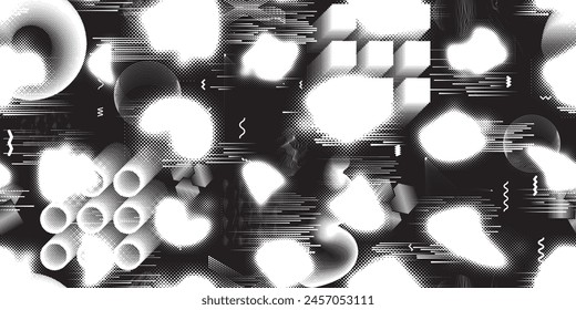 Glitch distorted grungy abstract forms . Cyber punk seamless pattern texture. Halftone dots .Futuristic background . Glitched shapes with dots and lines .Screen print endless pattern texture