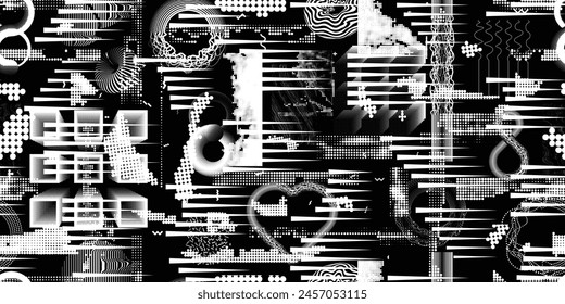 Glitch distorted grungy abstract forms . Cyber punk seamless pattern texture. Halftone dots .Futuristic background . Glitched shapes with dots and lines .Screen print endless pattern texture