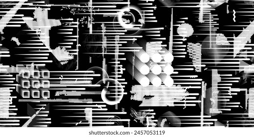 Glitch distorted grungy abstract forms . Cyber punk seamless pattern texture. Halftone dots .Futuristic background . Glitched shapes with dots and lines .Screen print endless pattern texture