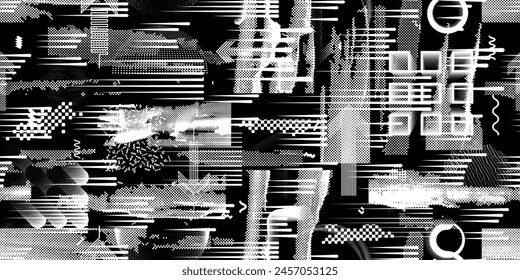 Glitch verzerrte grungy abstrakte Formen. Nahtlose Muster-Textur von Cyber Punk. Halbtonpunkte. Futuristischer Hintergrund. Glitched Formen mit Punkten und Linien. Screen Print Endlosmuster Textur