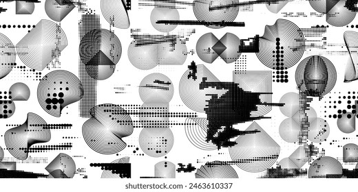 Glitch distorted grungy abstract forms . Cyber punk seamless pattern texture. Halftone dots .Futuristic background . Glitched shapes with dots and lines .Screen print endless pattern texture