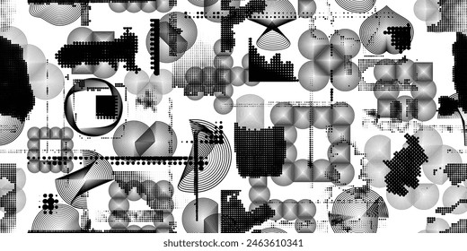 Glitch verzerrte grungy abstrakte Formen. Nahtlose Muster-Textur von Cyber Punk. Halbtonpunkte. Futuristischer Hintergrund. Glitched Formen mit Punkten und Linien. Screen Print Endlosmuster Textur