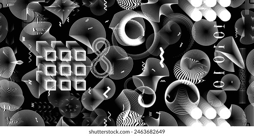 Glitch distorted grungy abstract forms . Cyber punk seamless pattern texture. Halftone dots .Futuristic background . Glitched shapes with dots and lines .Screen print endless pattern texture