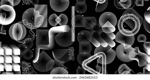 Glitch distorted grungy abstract forms . Cyber punk seamless pattern texture. Halftone dots .Futuristic background . Glitched shapes with dots and lines .Screen print endless pattern texture