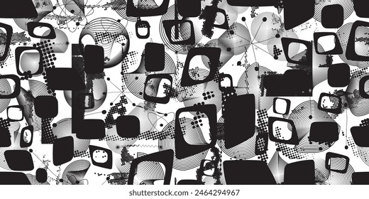 Glitch distorted grungy abstract forms . Cyber punk seamless pattern texture. Halftone dots .Futuristic background . Glitched shapes with dots and lines .Screen print endless pattern texture
