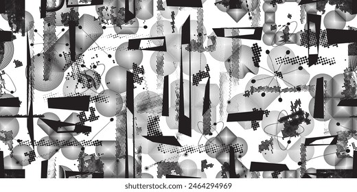 Glitch distorted grungy abstract forms . Cyber punk seamless pattern texture. Halftone dots .Futuristic background . Glitched shapes with dots and lines .Screen print endless pattern texture
