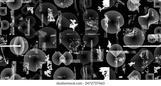 Glitch verzerrte grungy abstrakte Formen. Nahtlose Muster-Textur von Cyber Punk. Halbtonpunkte. Futuristischer Hintergrund. Glitched Formen mit Punkten und Linien. Screen Print Endlosmuster Textur
