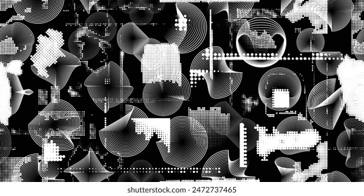 Glitch distorted grungy abstract forms . Cyber punk seamless pattern texture. Halftone dots .Futuristic background . Glitched shapes with dots and lines .Screen print endless pattern texture
