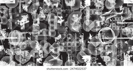 Glitch distorted grungy abstract forms . Cyber punk seamless pattern texture. Halftone dots .Futuristic background . Glitched shapes with dots and lines .Screen print endless pattern texture
