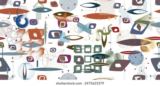 Glitch distorted grungy abstract forms . Cyber punk seamless pattern texture. Halftone dots .Futuristic background . Glitched shapes with dots and lines .Screen print endless pattern texture