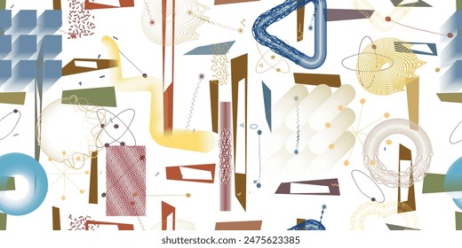 Glitch verzerrte grungy abstrakte Formen. Nahtlose Muster-Textur von Cyber Punk. Halbtonpunkte. Futuristischer Hintergrund. Glitched Formen mit Punkten und Linien. Screen Print Endlosmuster Textur