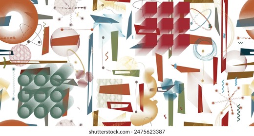 Glitch distorted grungy abstract forms . Cyber punk seamless pattern texture. Halftone dots .Futuristic background . Glitched shapes with dots and lines .Screen print endless pattern texture