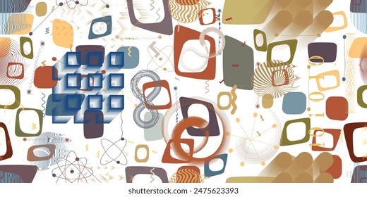 Glitch distorted grungy abstract forms . Cyber punk seamless pattern texture. Halftone dots .Futuristic background . Glitched shapes with dots and lines .Screen print endless pattern texture