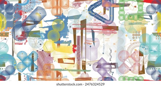 Glitch distorted grungy abstract forms . Cyber punk seamless pattern texture. Halftone dots .Futuristic background . Glitched shapes with dots and lines .Screen print endless pattern texture