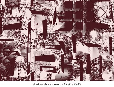 Glitch distorted grungy abstract forms . Cyber punk seamless pattern texture. Halftone dots .Futuristic background . Glitched shapes with dots and lines .Screen print endless pattern texture