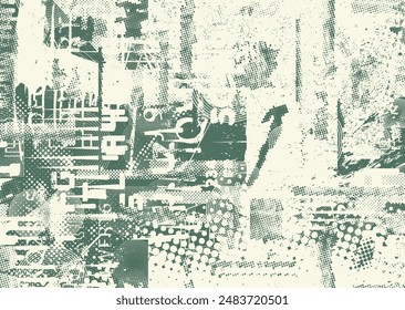 Glitch distorted grungy abstract forms . Cyber punk seamless pattern texture. Halftone dots .Futuristic background . Glitched shapes with dots and lines .Screen print endless pattern texture