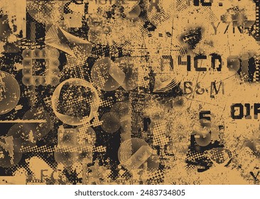 Glitch distorted grungy abstract forms . Cyber punk seamless pattern texture. Halftone dots .Futuristic background . Glitched shapes with dots and lines .Screen print endless pattern texture